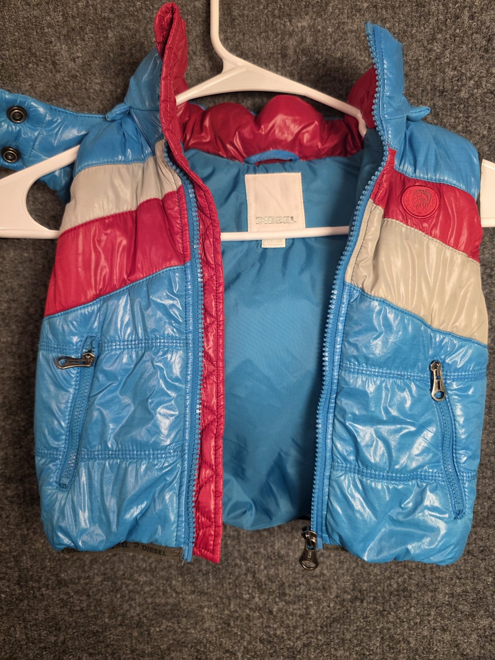 Diesel Kids Puffer Vest Hooded Colorblock Blue Red Toddler Size 18M